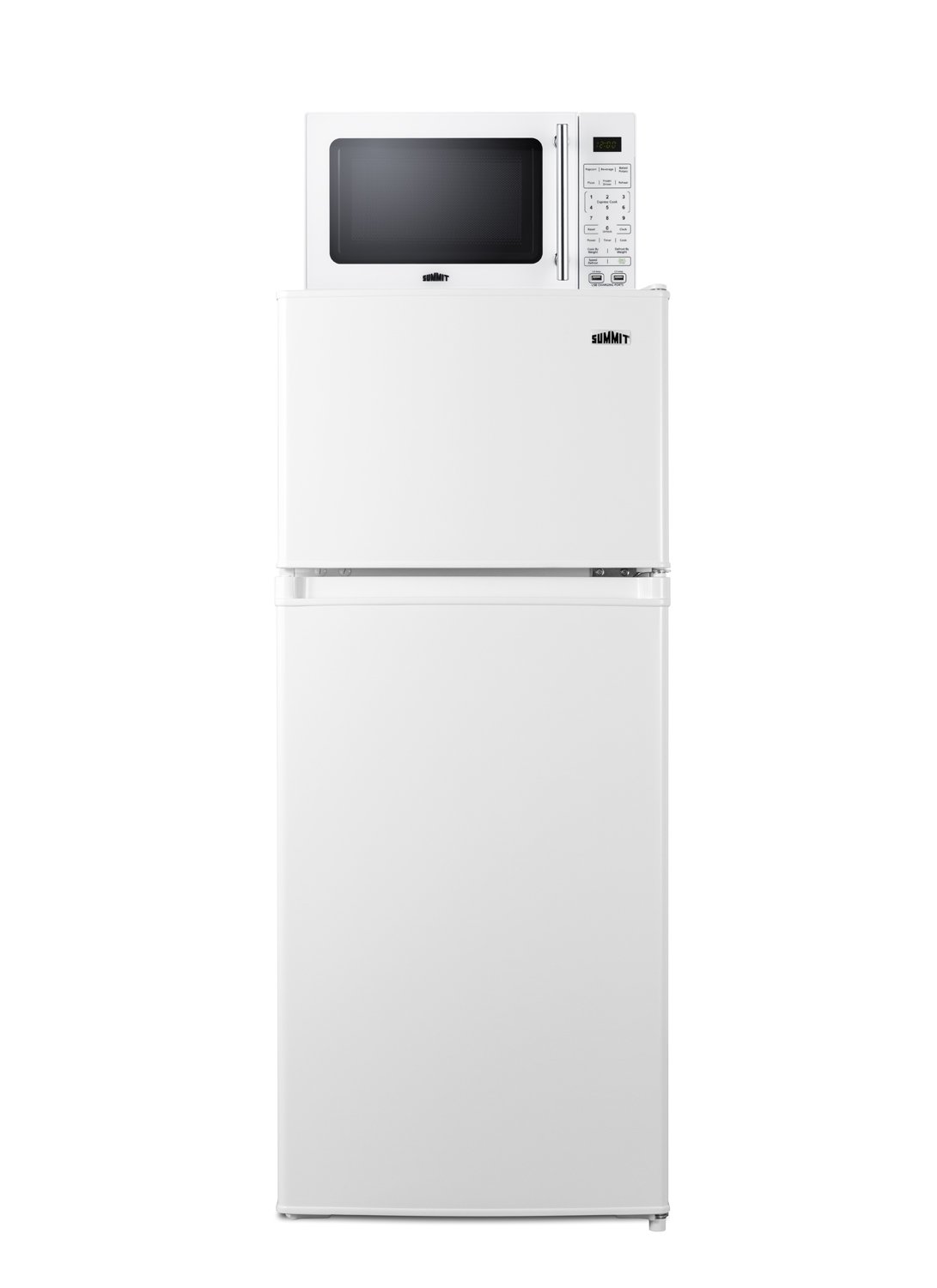 2-door mid-sized refrigerator-freezer and compact microwave in white with allocator and USB ports for 1-plug operation; ships in three boxes on one pallet